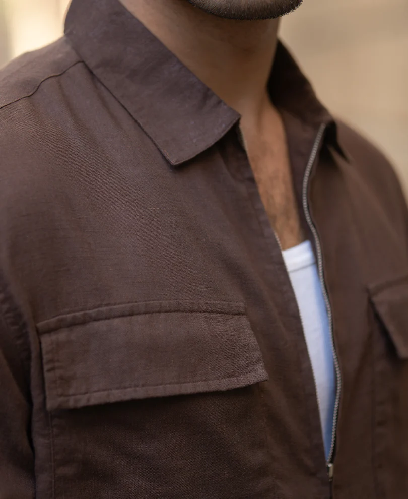Coffee Brown Linen Blend Zipper Shirt - Image 6