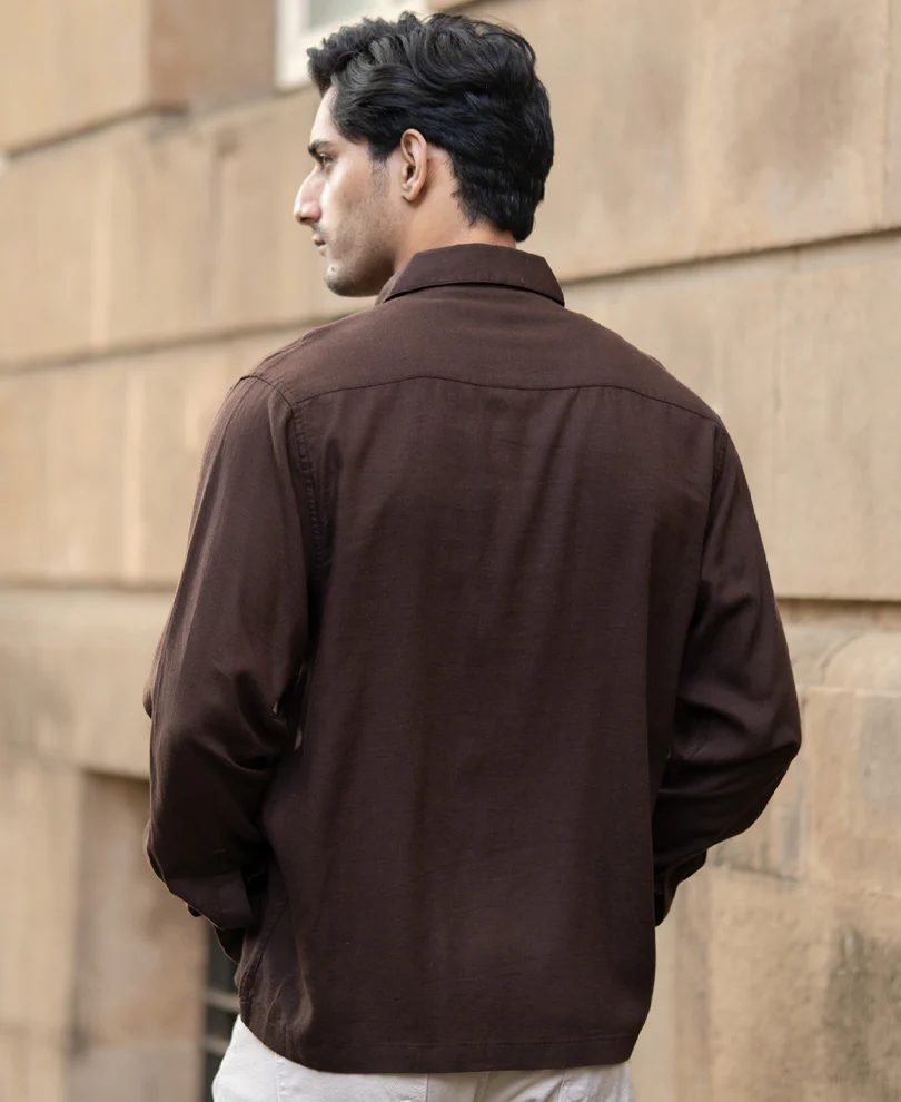 Coffee Brown Linen Blend Zipper Shirt - Image 7