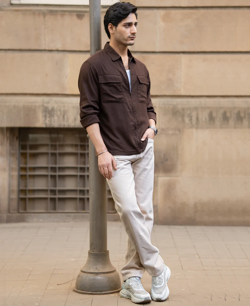 Coffee Brown Linen Blend Zipper Shirt - Image 8