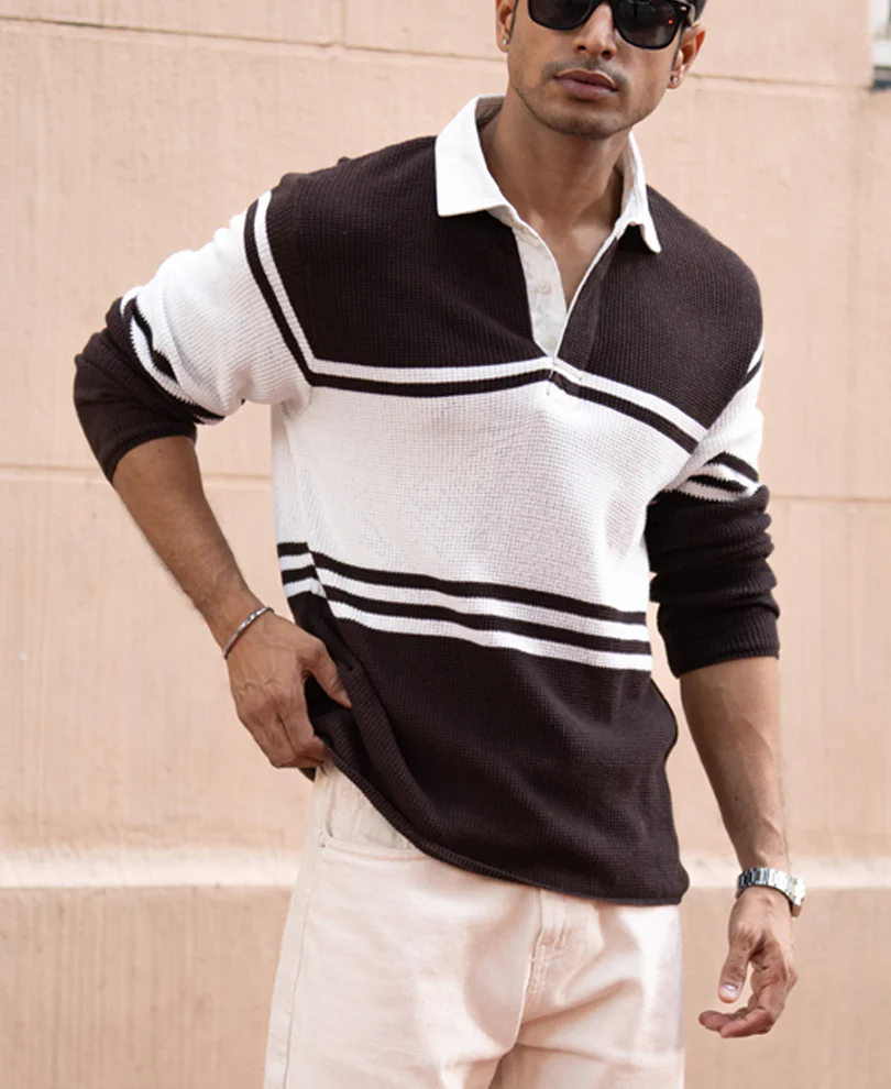 Coffee Brown Structured Stripe T-Shirt 100% Cotton - Image 2