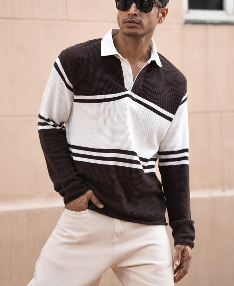 Coffee Brown Structured Stripe T-Shirt 100% Cotton - Image 3