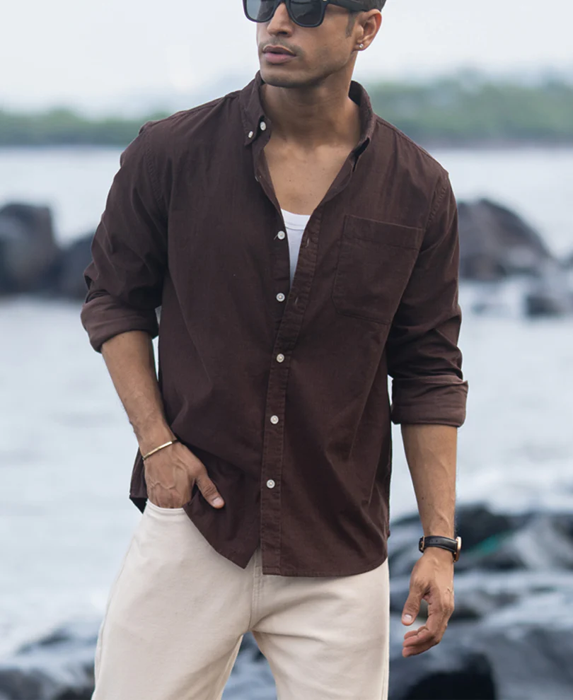 Coffee Corduroy Button Down Shirt 100% Cotton - Image 3