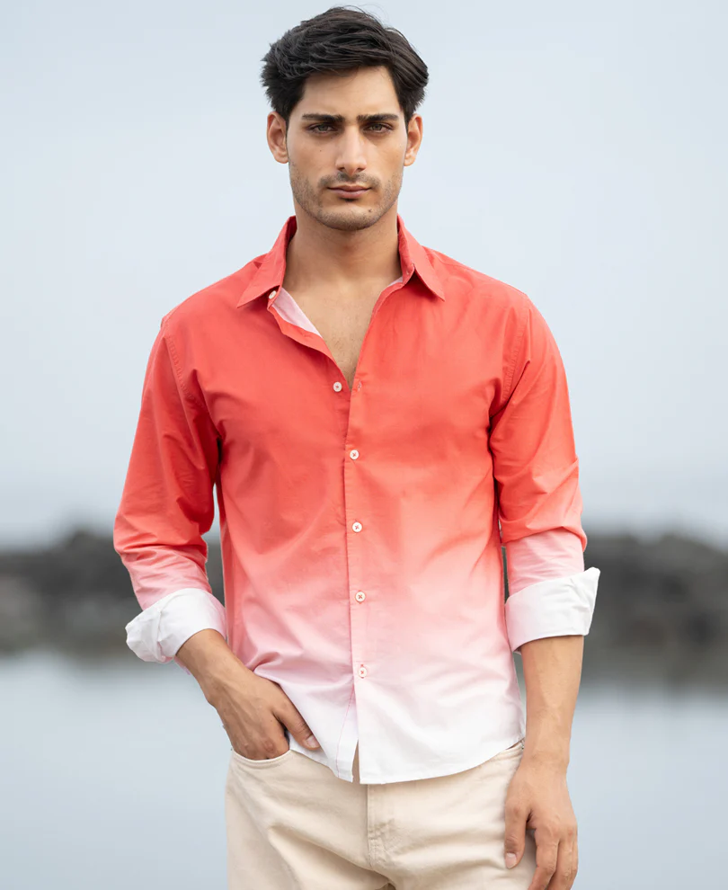 Coral Red Ombre Print Shirt 100% Cotton - Image 2
