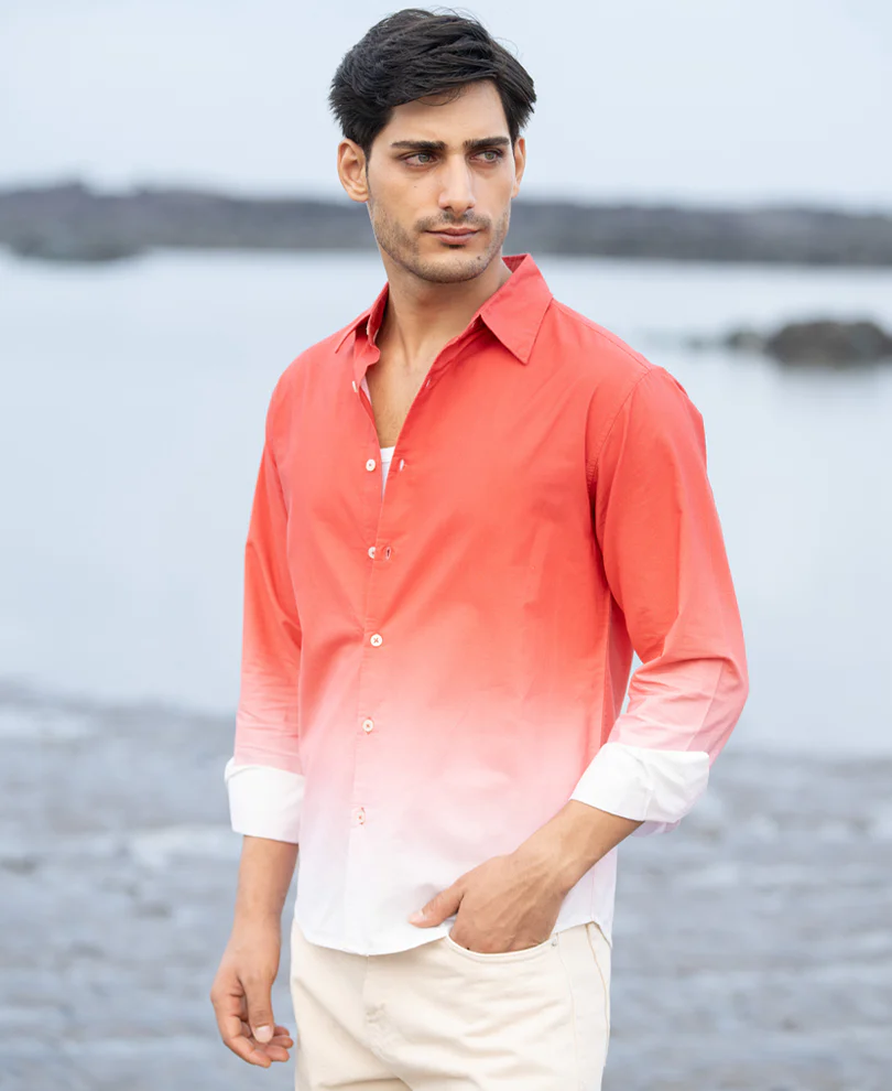 Coral Red Ombre Print Shirt 100% Cotton - Image 3
