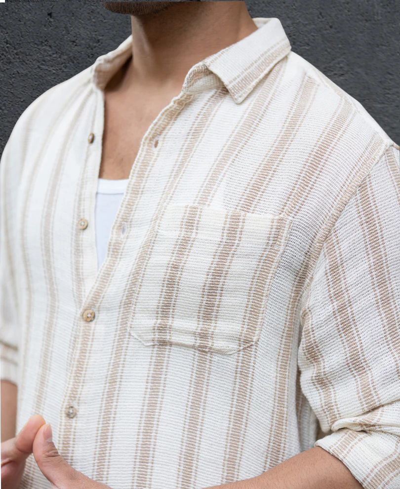 Cream & Beige Structured Stripe Shirt 100% Cotton - Image 2