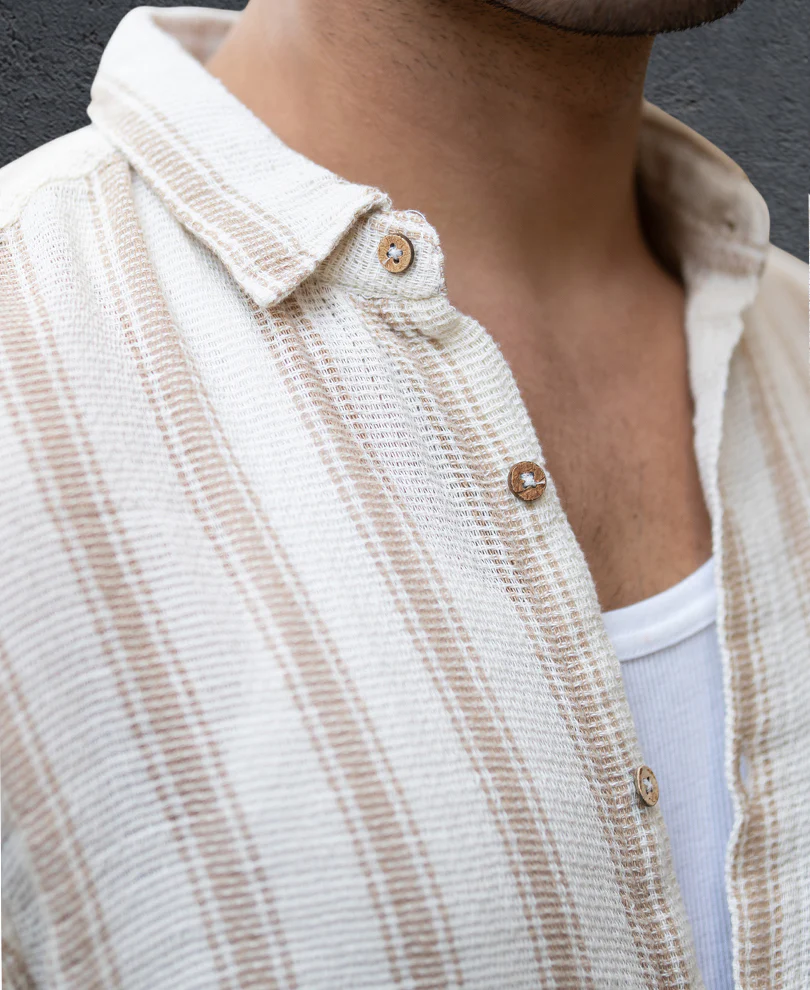 Cream & Beige Structured Stripe Shirt 100% Cotton - Image 3