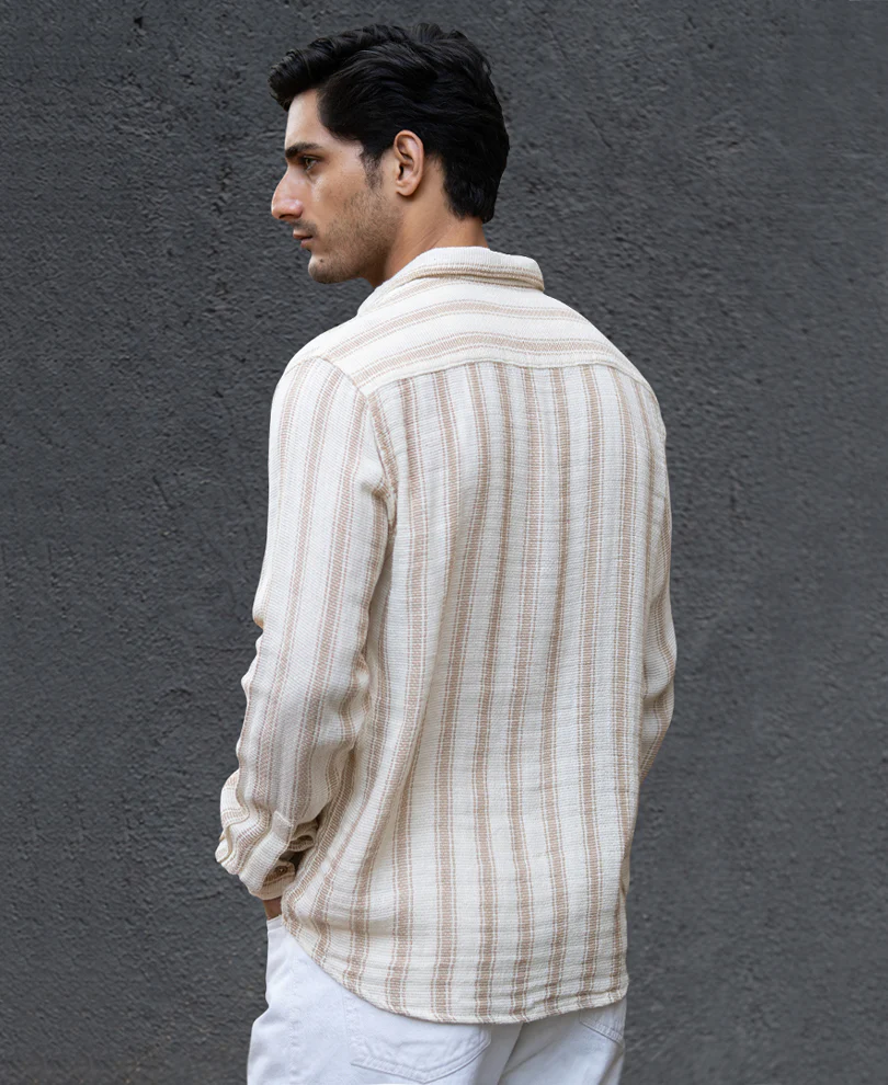 Cream & Beige Structured Stripe Shirt 100% Cotton - Image 4