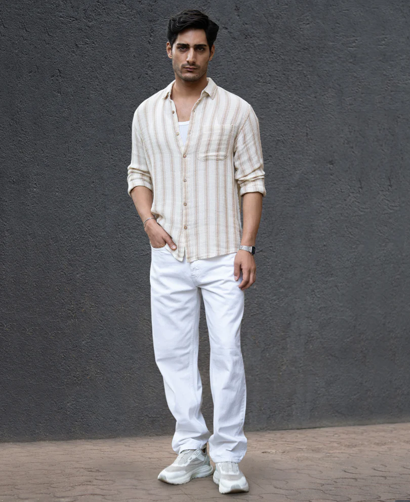 Cream & Beige Structured Stripe Shirt 100% Cotton - Image 5