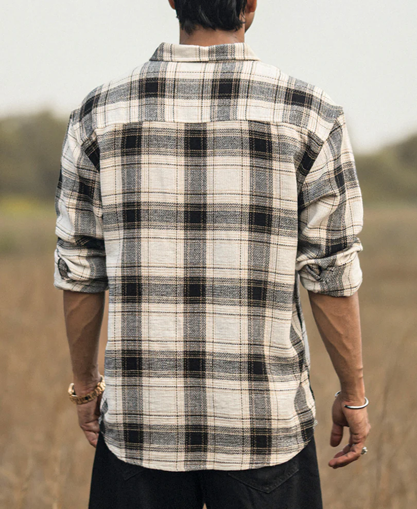Cream Checked Structured Oversize Drop Shoulder Shirt - Image 3