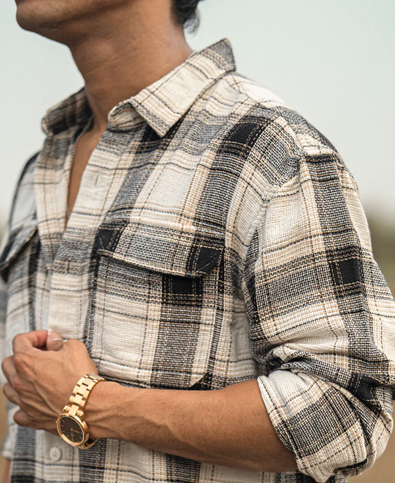 Cream Checked Structured Oversize Drop Shoulder Shirt - Image 4