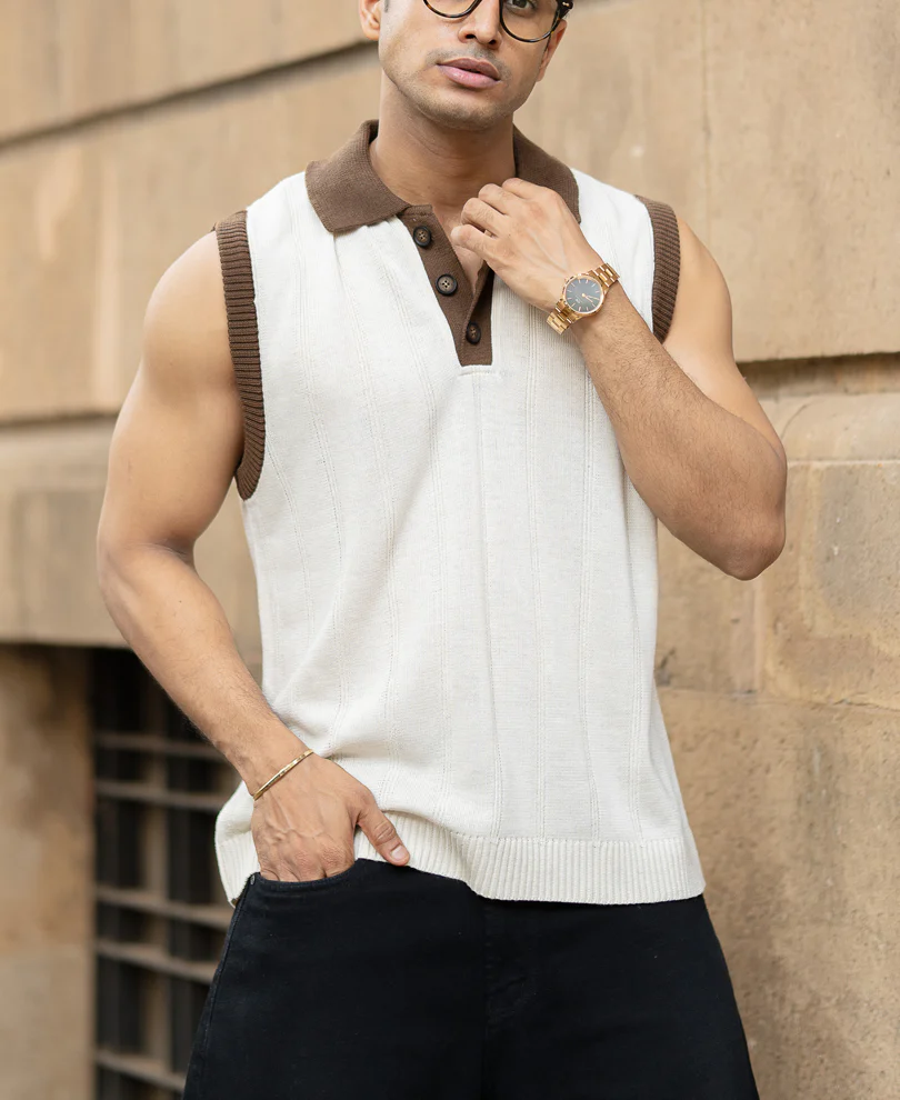 Cream Contrast Collar Knit Sando - Image 2