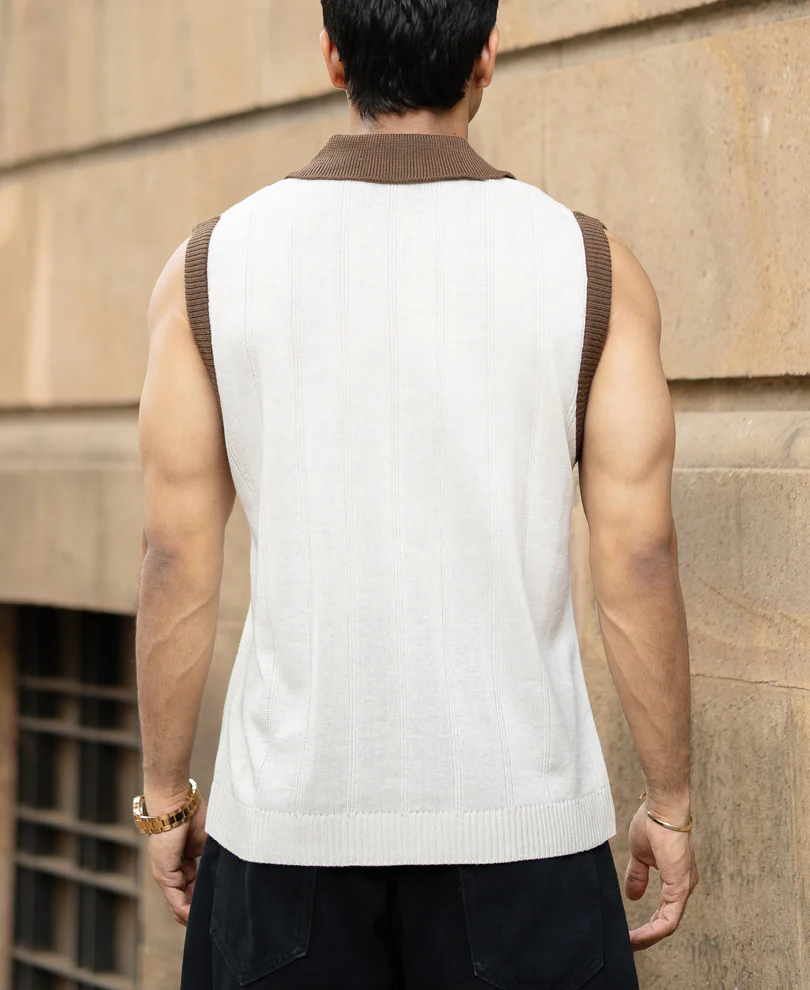 Cream Contrast Collar Knit Sando - Image 5
