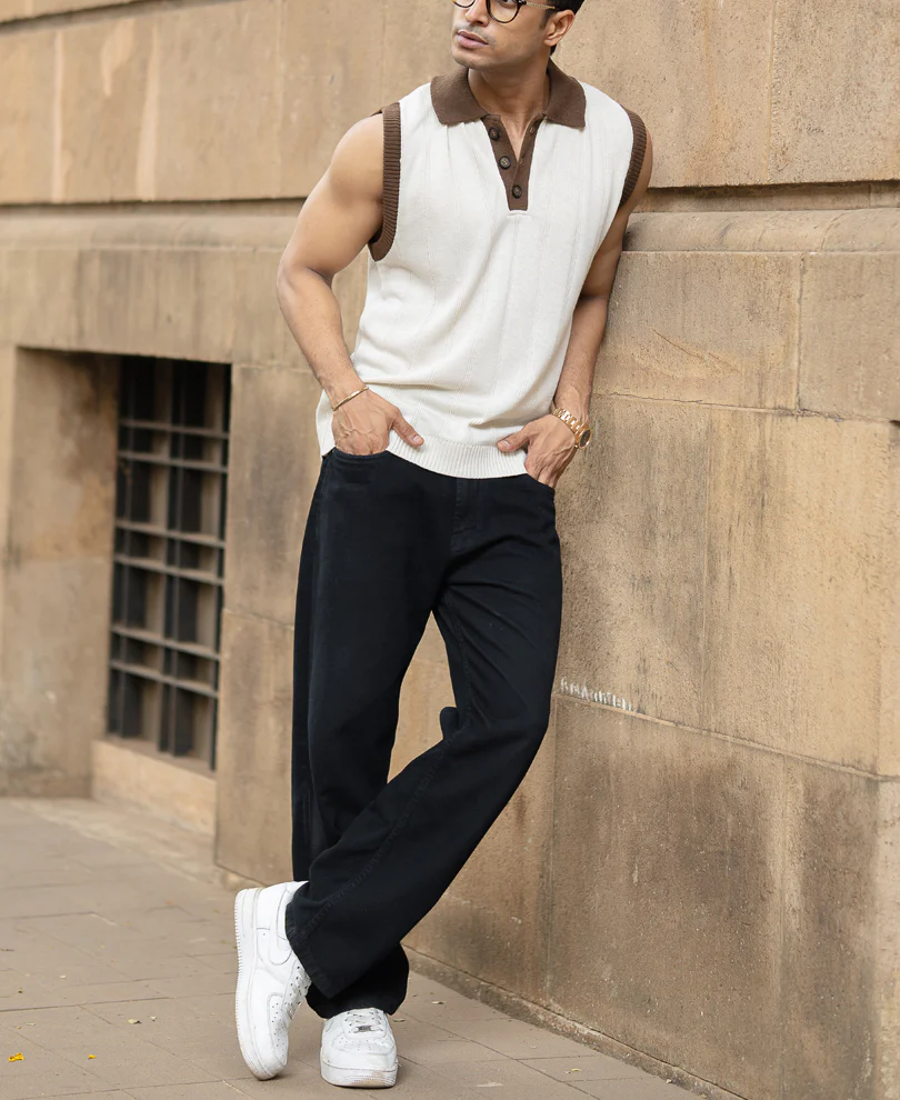 Cream Contrast Collar Knit Sando - Image 6