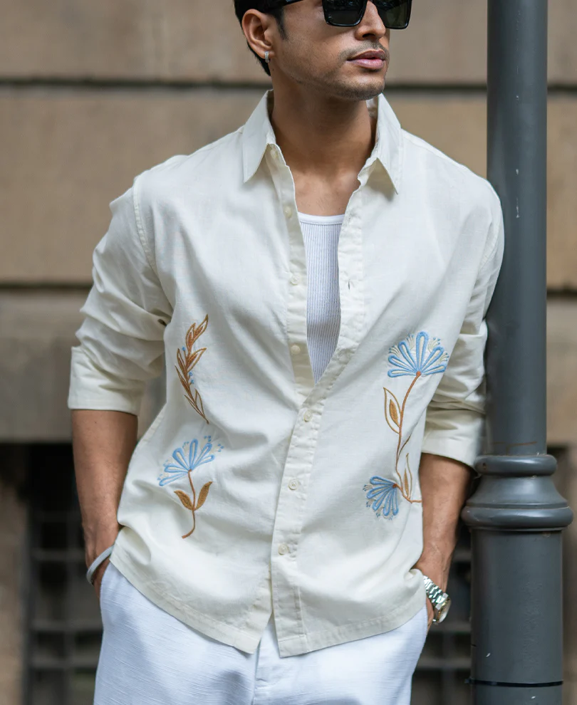 Cream Embroidered Lightweight Shirt 100% Cotton - Image 2