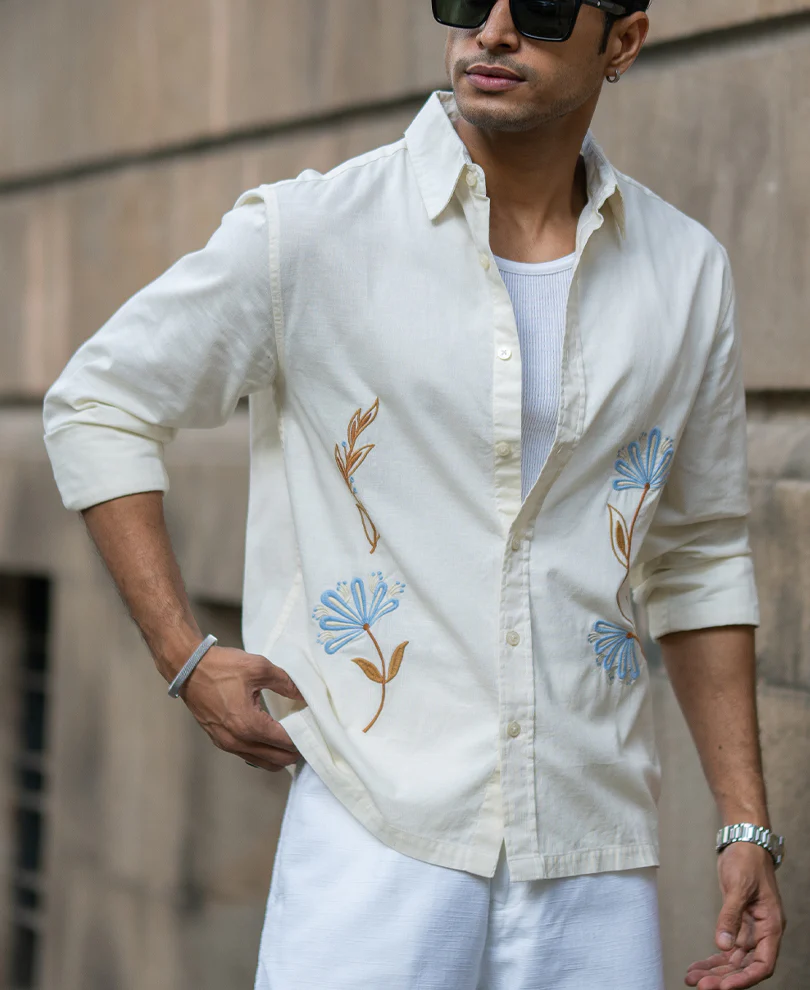 Cream Embroidered Lightweight Shirt 100% Cotton - Image 3