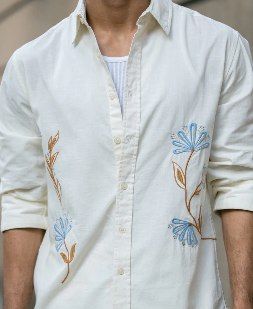 Cream Embroidered Lightweight Shirt 100% Cotton - Image 4