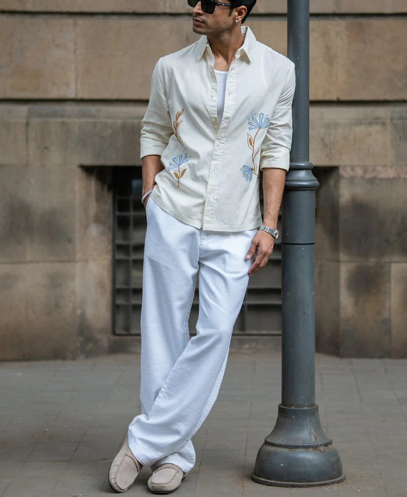 Cream Embroidered Lightweight Shirt 100% Cotton - Image 7