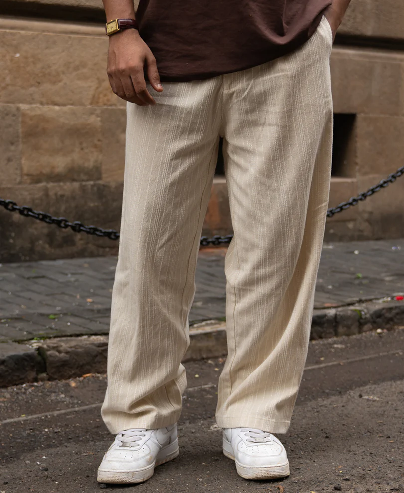 Cream Self Stripe Linen Trouser - Image 2