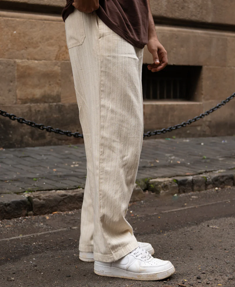 Cream Self Stripe Linen Trouser - Image 3