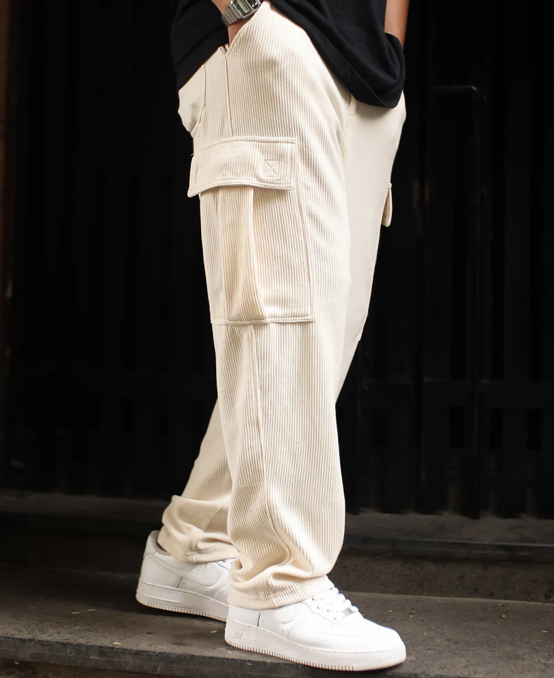 Cream Side Pocket Baggy Fit Track Pant - Image 3