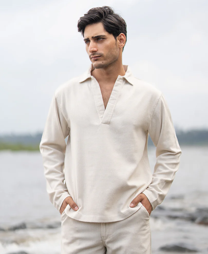 Cream Structured Cotton Kurta Shirt - Image 4
