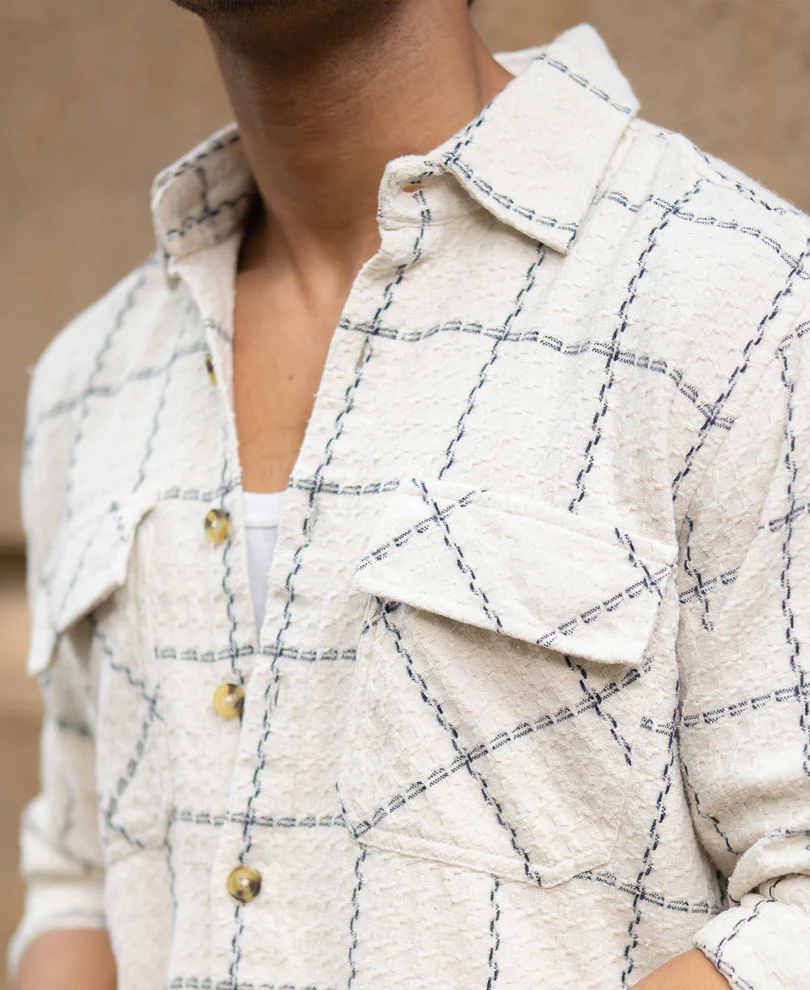 Cream Structured Checks Shirt - Image 4