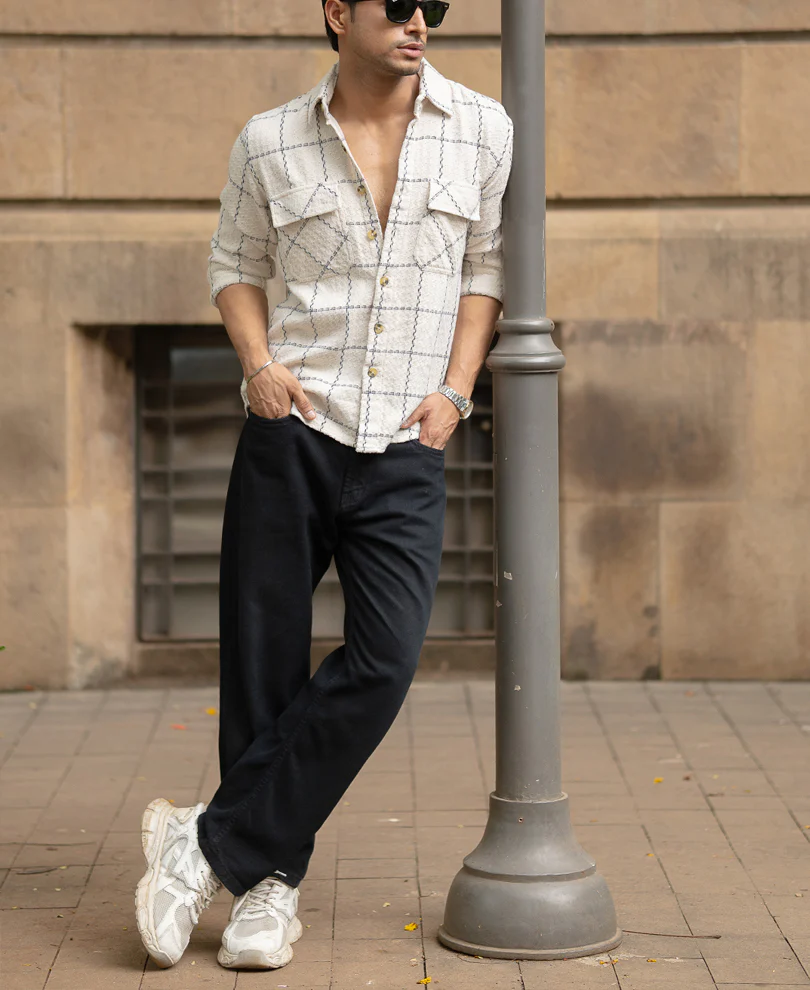 Cream Structured Checks Shirt - Image 6