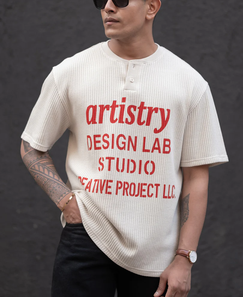 Cream Structured Printed Regular Fit Half Sleeves T-Shirt - Image 2