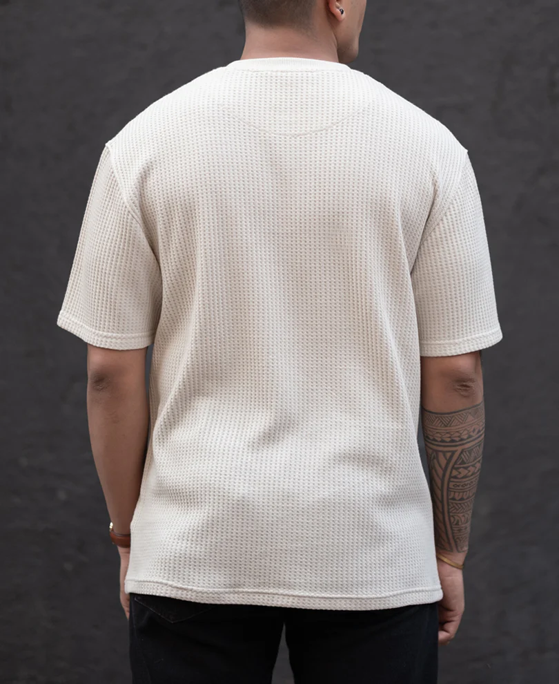 Cream Structured Printed Regular Fit Half Sleeves T-Shirt - Image 3