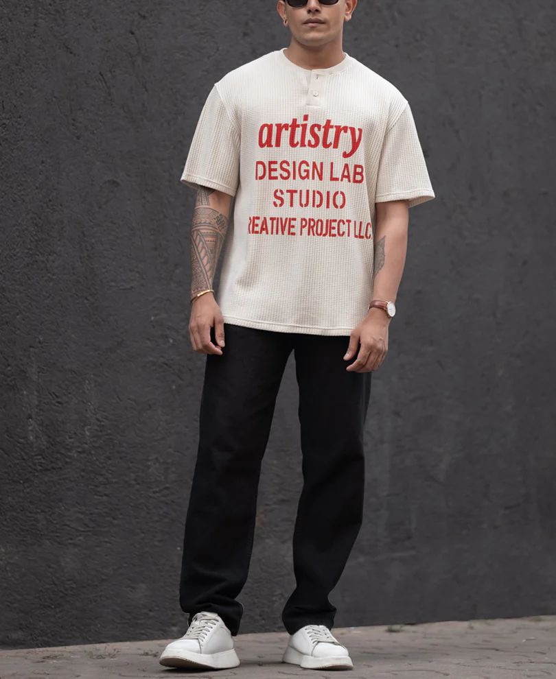 Cream Structured Printed Regular Fit Half Sleeves T-Shirt - Image 5