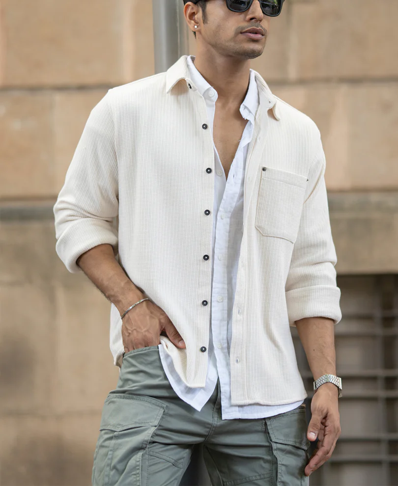 Cream Structured Shirt With Pocket - Image 2