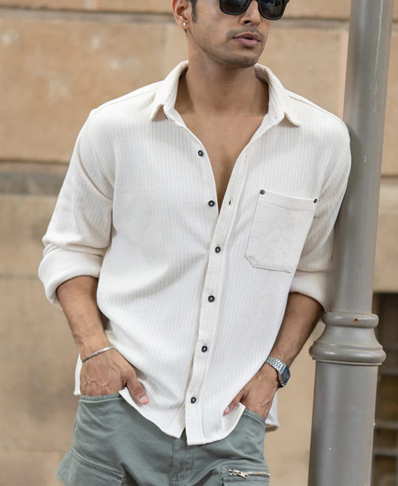 Cream Structured Shirt With Pocket - Image 3
