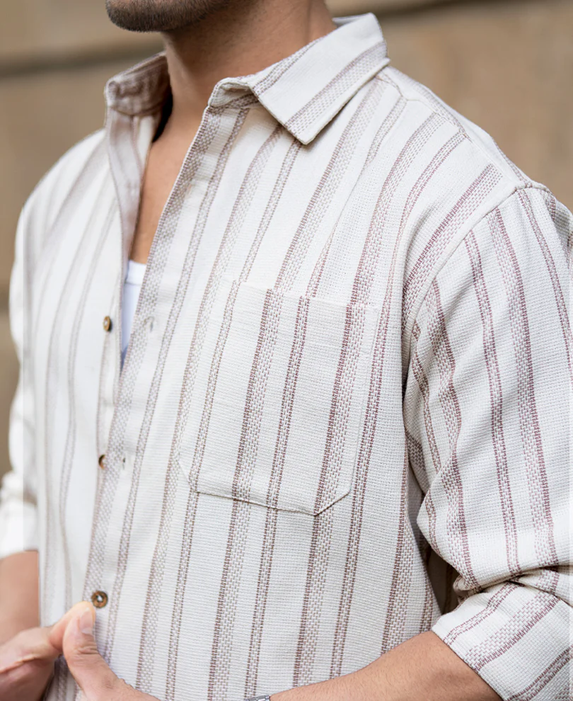 Cream Structured Stripe Shirt 100% Cotton - Image 4