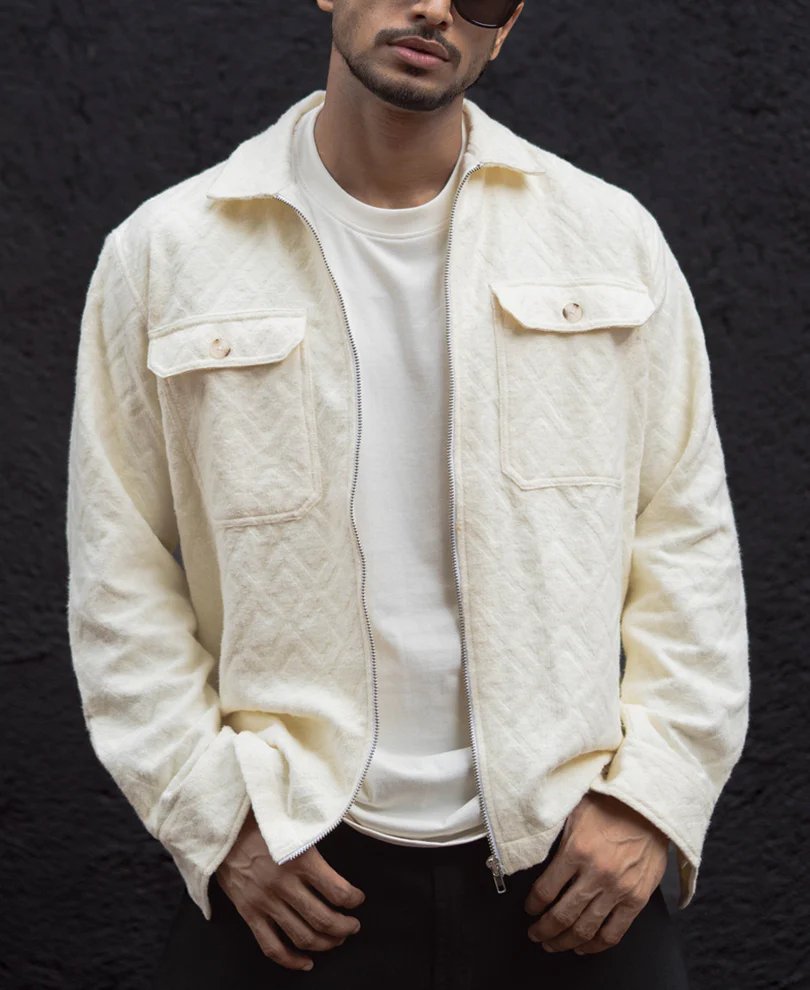 Cream Zip Style Full Sleeves Regular Fit Shirt - Image 2