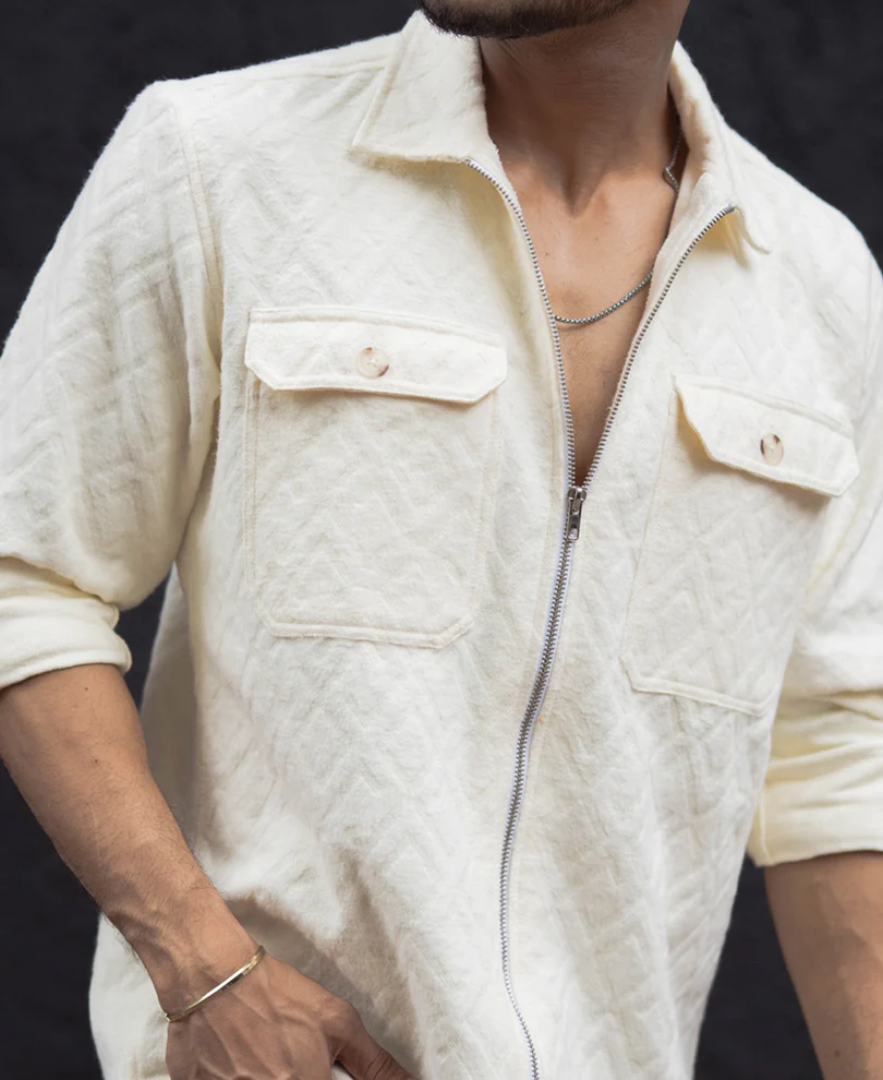 Cream Zip Style Full Sleeves Regular Fit Shirt - Image 4