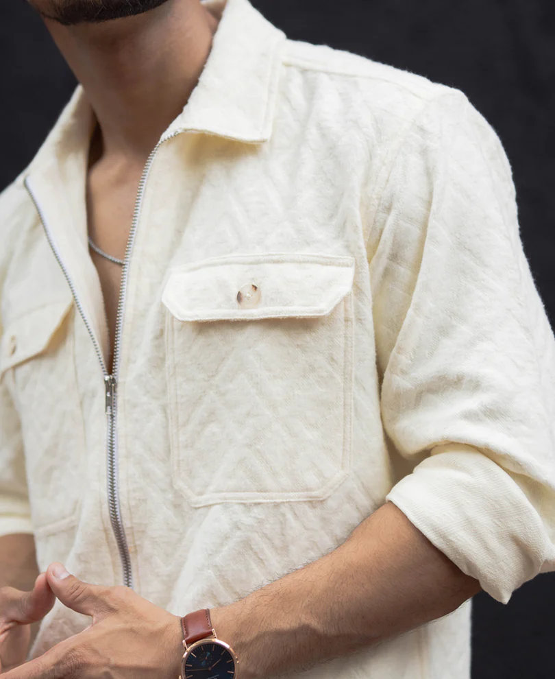 Cream Zip Style Full Sleeves Regular Fit Shirt - Image 5