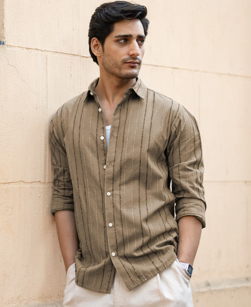 Dark Beige Boucle Stripe Shirt 100% Cotton - Image 2