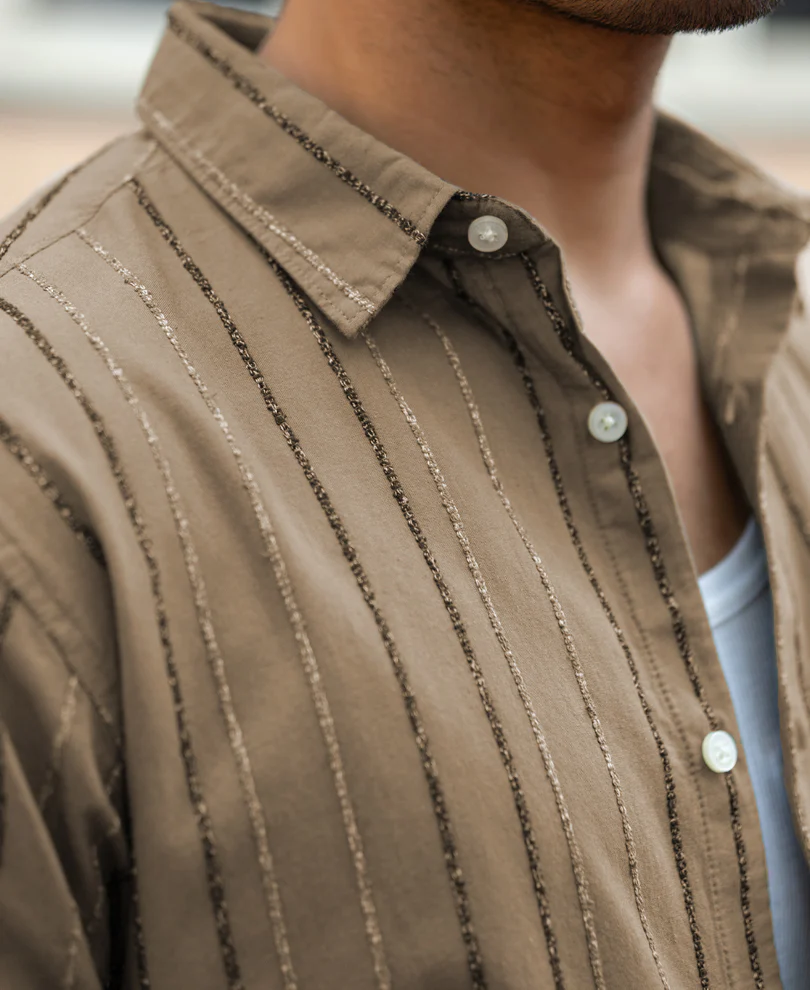 Dark Beige Boucle Stripe Shirt 100% Cotton - Image 3