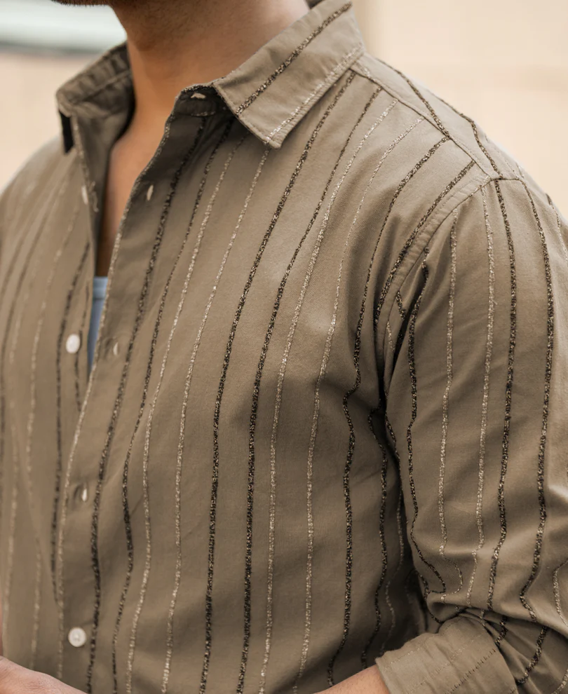 Dark Beige Boucle Stripe Shirt 100% Cotton - Image 4