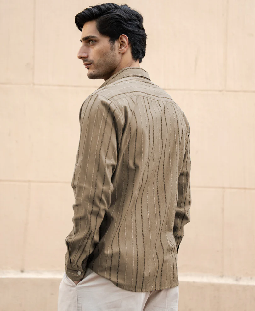 Dark Beige Boucle Stripe Shirt 100% Cotton - Image 5