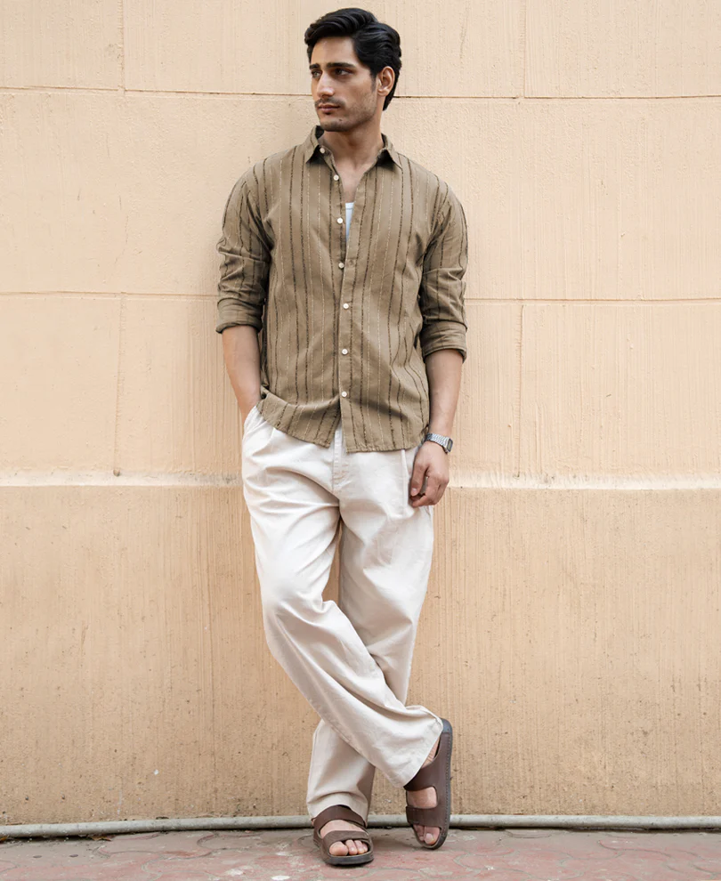 Dark Beige Boucle Stripe Shirt 100% Cotton - Image 6