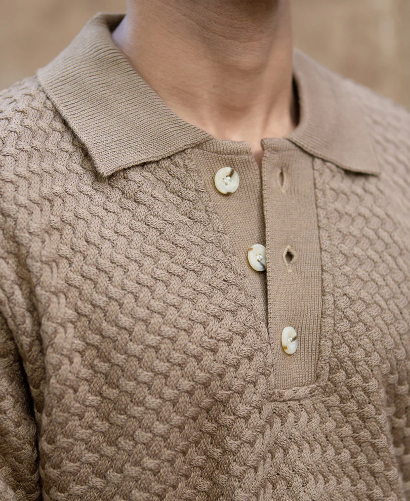 Dark Beige Knit Polo T-Shirt 100% Cotton - Image 3
