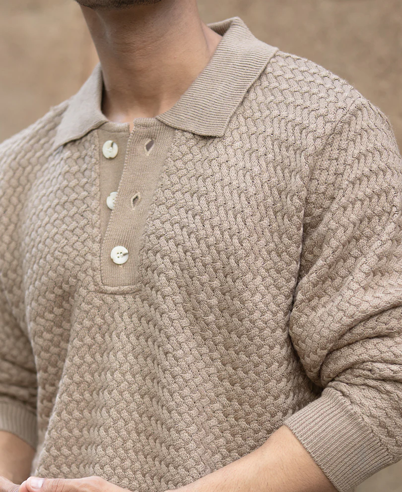 Dark Beige Knit Polo T-Shirt 100% Cotton - Image 4