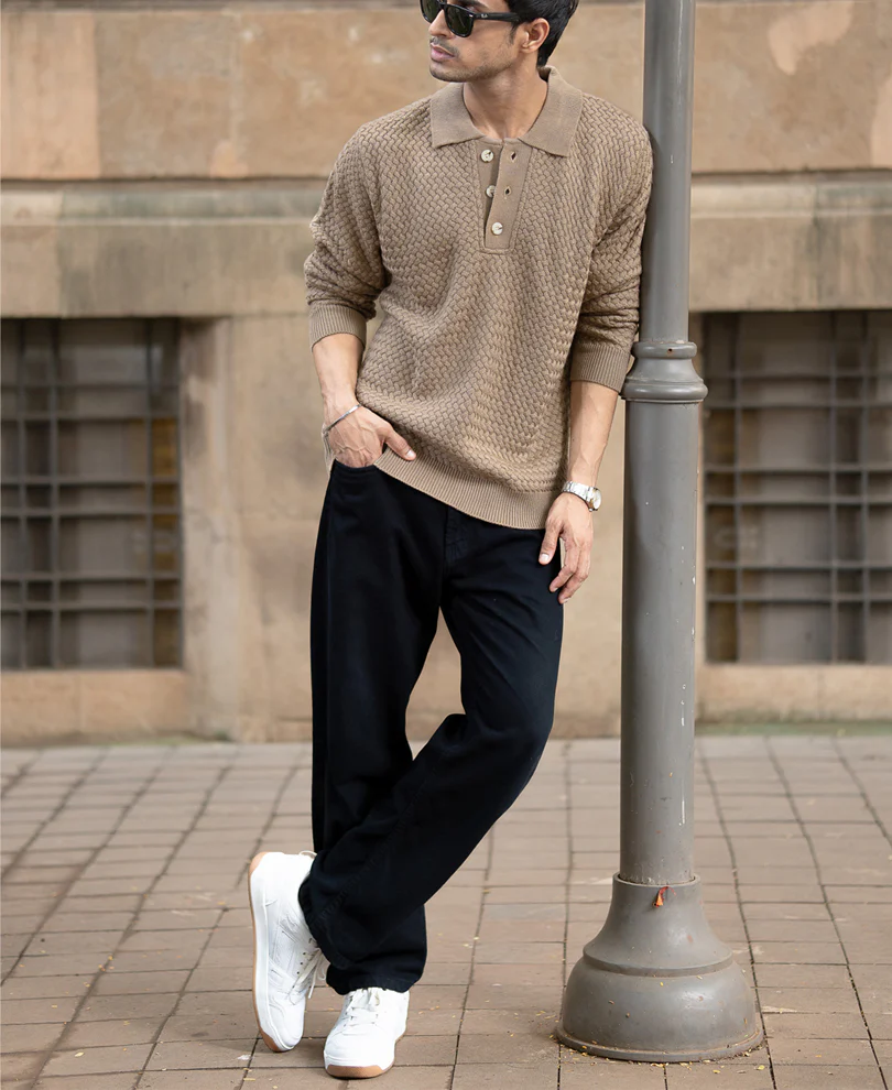 Dark Beige Knit Polo T-Shirt 100% Cotton - Image 6