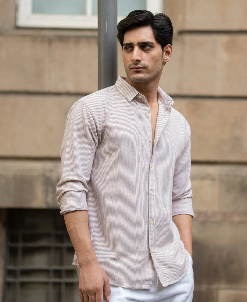 Dark Beige Oxford Stripe Shirt 100% Cotton - Image 2