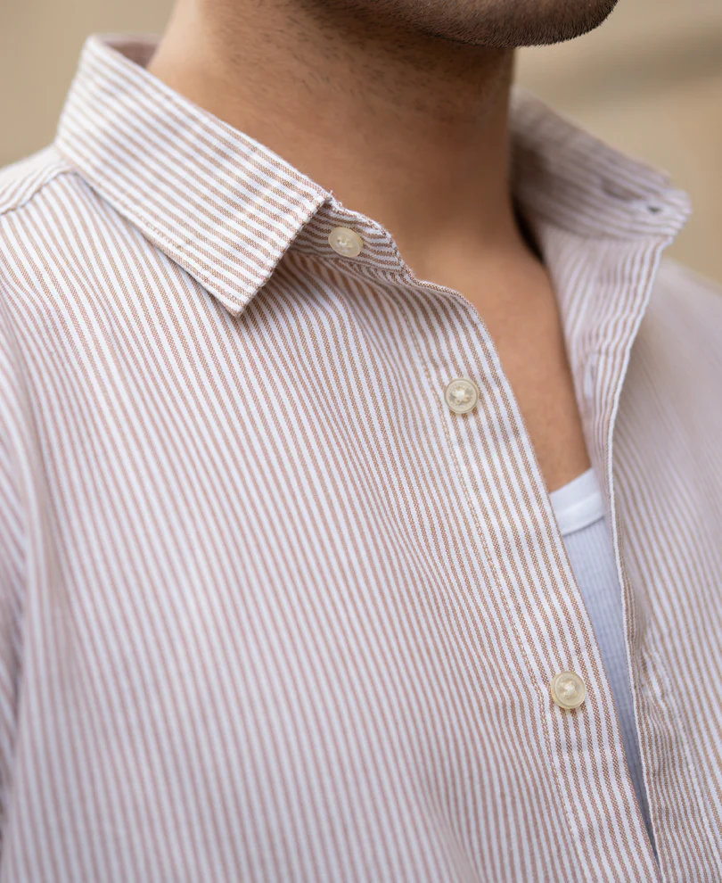 Dark Beige Oxford Stripe Shirt 100% Cotton - Image 3