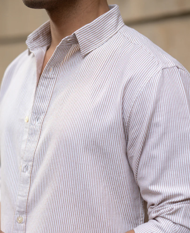 Dark Beige Oxford Stripe Shirt 100% Cotton - Image 4