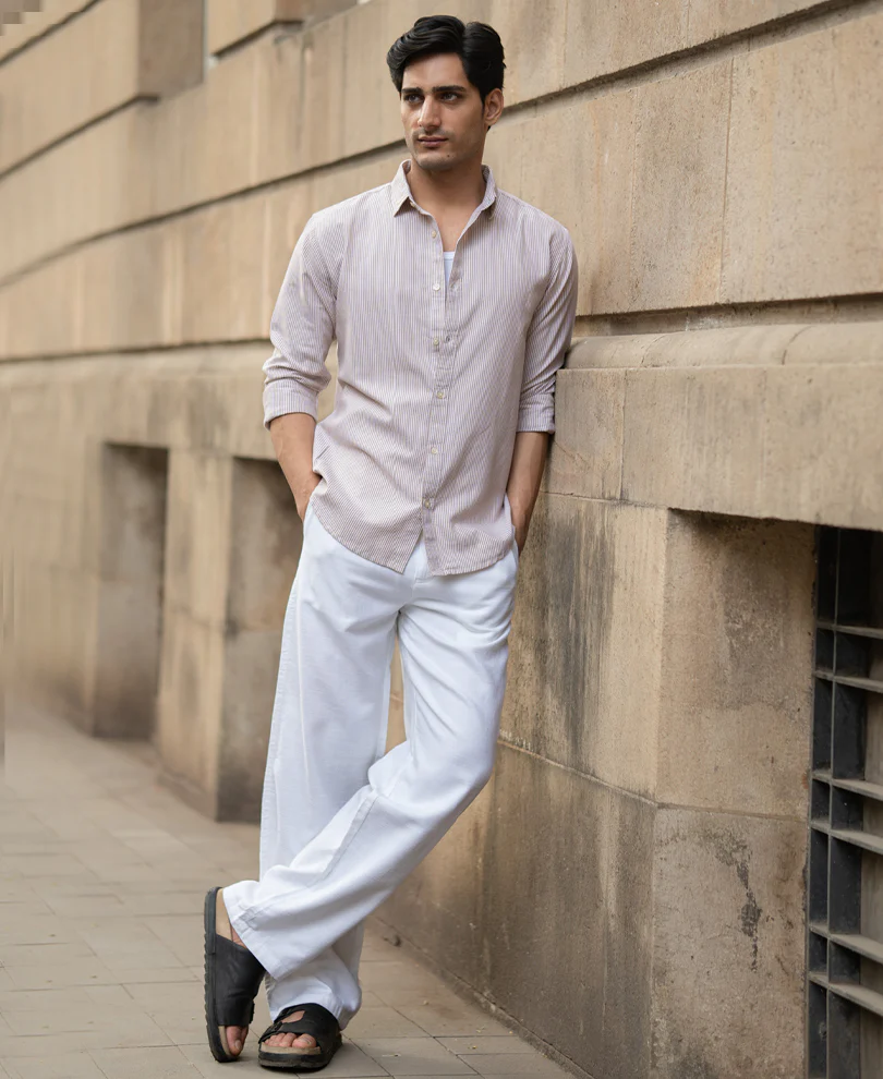 Dark Beige Oxford Stripe Shirt 100% Cotton - Image 5