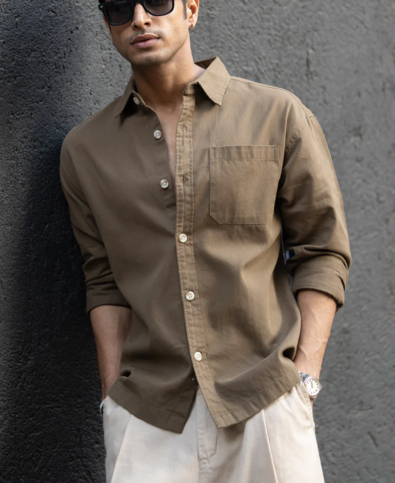 Dark Beige Printed Applique Shirt 100% Cotton - Image 2