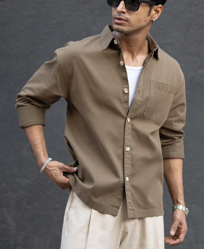Dark Beige Printed Applique Shirt 100% Cotton - Image 3